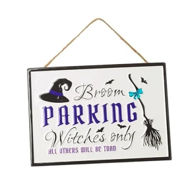 Image of Heaven Sends Metal Broom Parking Sign White 25cm x 18cm Halloween Decoration Witch Themed Décor Prop Scary Perfect for Home, Kitchen, Living Room
