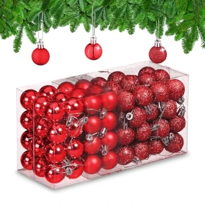 Image of Relaxdays Christmas Baubles Set of 96, Glittering, Matt and Sparkles, Plastic, Traditional Spheres, Decorations, Red, 4 x 3 cm