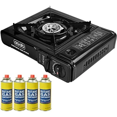Image of ASAB Portable Camping Gas Cooker Single Burner Stove Automatic Ignition System Enamel Pan Holder Butane BBQ Carry Bag Caravan Outdoor Black + 4 Canisters