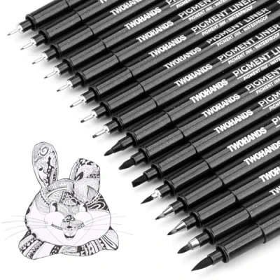 Image of TWOHANDS Set of 16 Black Fineliner pens, Calligraphy Pens Set, Pigment Technical Drawing Waterproof, for Art Sketching, Calligraphy, Anime, Manga, Scrapbooking, 21274