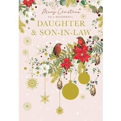 Image of Paper Rose Artistic Christmas Greeting Card Daughter &amp; Son in Law Robins On Branch From The La Fleur Boutique Collection With A Gold Foil Finish