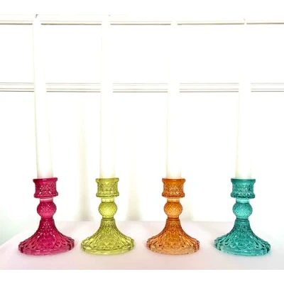 Image of Glass Candlestick Holders Coloured Jewel Church Candle Table Decor, Blue, Green, Orange, Pink, Set Of 4