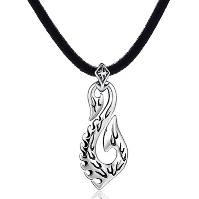 Image of DonDon Mens Leather Necklace 19.7&quot; 50 cm with Stainless Steel Pendant Maori Fish Hook