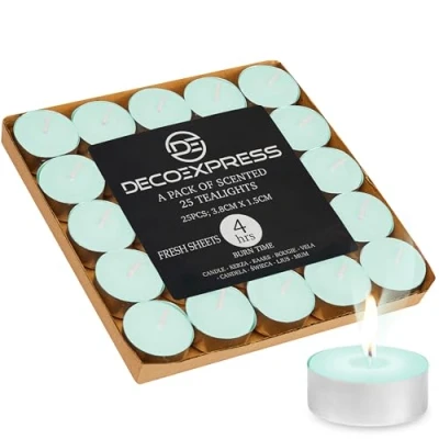 Image of DECO EXPRESS Tealight Candles Multipack of 200, 100, 50, 25 or 24, Burning Time 4, 8 10 Hours Tea Lights (Fresh Sheets 25/4 Hour)