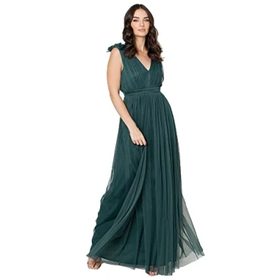 Image of Maya Deluxe Women&#039;s Womens Ladies Maxi with Ruffle V Neck Sleeveless High Empire Waist Long for Prom Guest Wedding Bridesmaid Dress, Emerald Green, 22 UK