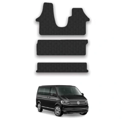 Image of 5mm Rubber Floor Mats for the VW Transporter T6 (2015 2019) UK Models Custom Van Accessory Tailored fit Heavy Duty, Waterproof &amp; Anti Slip Work with Clips