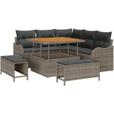 Image of vidaXL 8 Piece Garden Sofa Set with Cushions Grey Poly Rattan Acacia