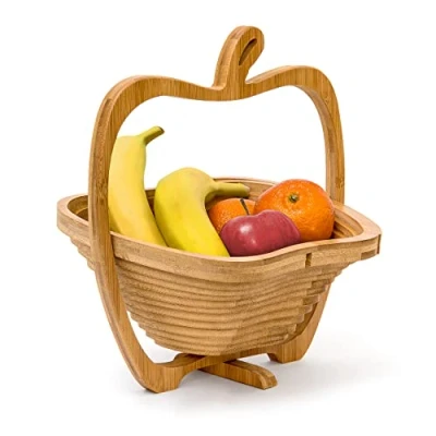 Image of Relaxdays Foldable Apple Shaped Basket: 30 x 27 22.5 cm Folding Bamboo Fruit Bowl Holder Basket And Cutting Board Wooden With An Design, Natural Brown