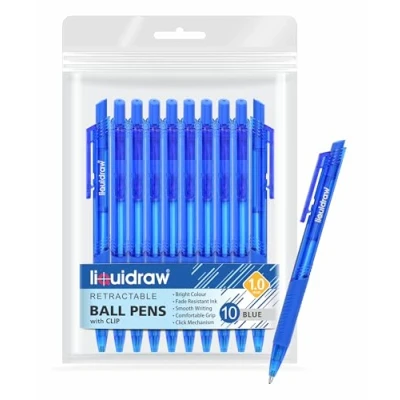 Image of Liquidraw Ballpoint Blue Pens Set Of 10 Retractable Ball Medium Point 1.0mm Pen Smooth Writing Comfortable Grip Click For Home, School &amp; Office (Blue)