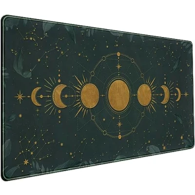 Image of Dark Academia Mousepad Forest Green XXL Desk Mat Gold Moon Phases Large Extended Mouse Pad Gaming Laptop Keyboard and Pad, Non Slip Rubber Base with Stitched Edges, 31.5x15.75 in