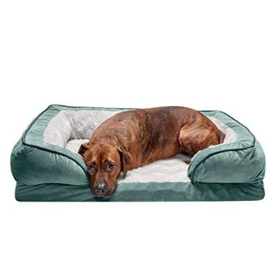 Image of Furhaven Large Memory Foam Dog Bed Perfect Comfort Plush &amp; Velvet Waves Sofa Style w/Removable Washable Cover Celadon Green,