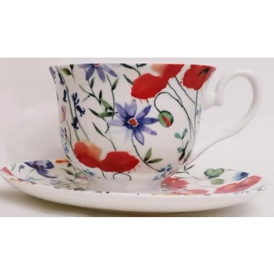 Image of Wildflowers Meadow Tea Cup and Saucer Set Fine Bone China Small Bright Floral Hand Decorated UK