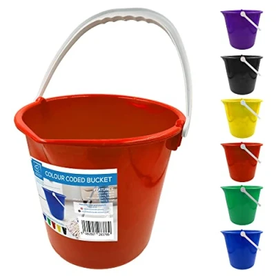 Image of Colour Coded Plastic Bucket with Handle, 2 Gallon (10L) Household Heavy Duty Spout and Easy Grip Multipurpose Water for Cleaning, Bath, Gardening (Red)