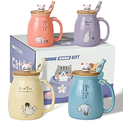 Image of Cute Cat Mug Set of 4 Ceramic Coffee Cups with Lovely Kitty lid and Fish Spoon Novelty Morning Tea Milk for Girls Women Christmas Birthday Gift 450ML/15oz (4pcs,Blue Pink Purple Yellow)