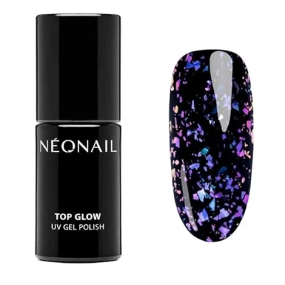 Image of NEONAIL UV Nail Polish Top Coat Gel Glow Violet Aurora Flakes 7.2 ml for Nails Varnish Glitter Design