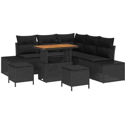Image of vidaXL 8 Piece Garden Sofa Set with Cushions Black Poly Rattan Acacia