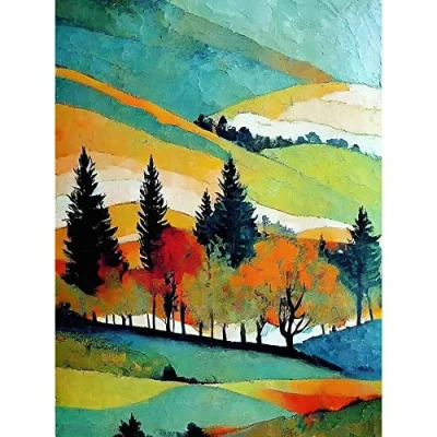 Image of Wee Blue Coo Colourful Autumn Landscape Scotland Hillside Forest Oil Painting Unframed Wall Art Print Poster Home Decor Premium
