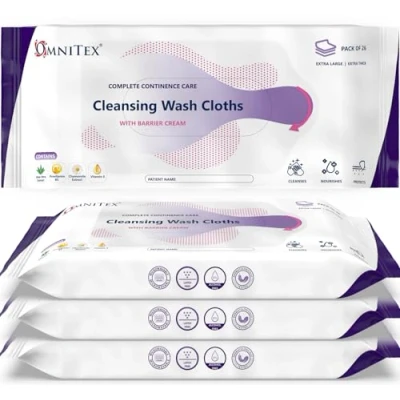 Image of 104x Omnitex Incontinence Cleansing Wash Cloths with Barrier Cream Microwaveable Rinse Free All in One Continence Care Wipes Cleans Nourish Protect Aloe Vera, Vitamins 4x 26pk