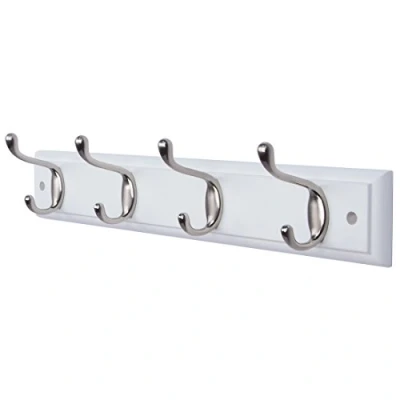 Image of DOKEHOM 4 Satin Nickel Hooks on White Wooden Board Wall Mounted Coat Hook Rack Hanger