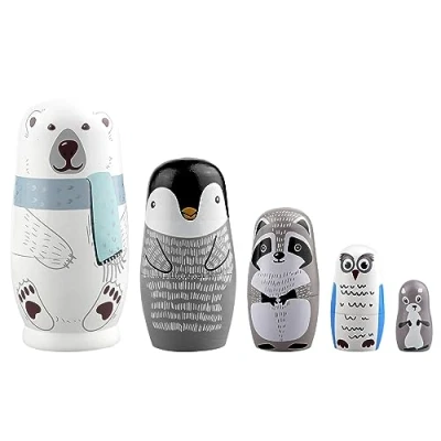 Image of Visionpz Russian Nesting Dolls,Wooden Toys,Cute Dolls, Polar Bear Owl Penguin Gifts for Educational Learning Kids Toys, Christmas, Birthday Decoration (5pcs)