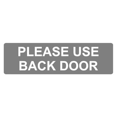 Image of Please use this back door G information sign Self adhesive sticker (300mm x 100mm)