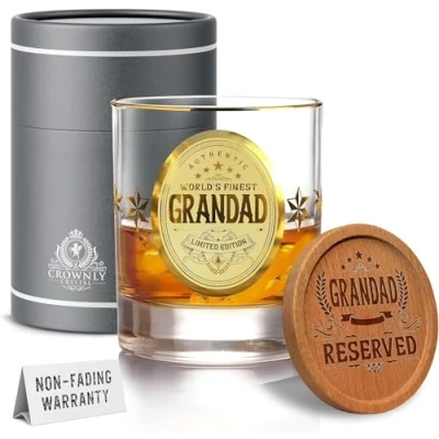 Image of CROWNLY CRYSTAL® Gold Gifts for Grandad Personalised Whiskey Glass Birthday Great from Granddaughter Whisky