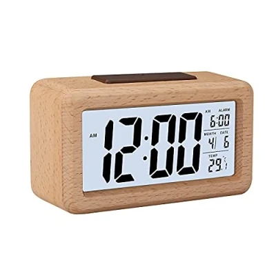 Image of GINZER Wooden Digital Alarm Clock, Large LED Display Wood Grain Smart Sensor Night Light, Snooze and Temperature, Battery Operated