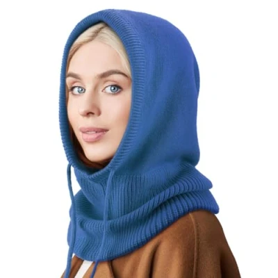 Image of DRESHOW Winter Hats for Women Balaclava Knit Beanie Skull Cap with Drawstring Warm Hooded Scarf Hat
