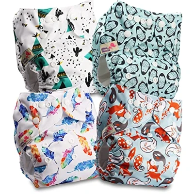 Image of Littles and Bloomz Baby Reusable Pocket Nappy Cloth Diaper, Standard Popper, 4 Nappies, FLP2 0407