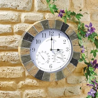 Image of Homezone Large modern slate Wall Clock and Thermometer Battery Power Operated Quartz Waterproof Weatherproof Garden Indoor or Outdoor Decorative Ornament for Living Room, Home Decor