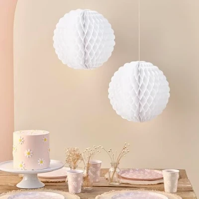 Image of Ginger Ray White Scalloped Tissue Paper Hanging Honeycomb Ball Decorations 2 Pack 25cm