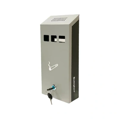 Image of Buckingham Wall Mounted Outdoor Cigarette Bin, Ashtray, Ash Heavy Duty Pubs, Clubs, Office, Home, Luminous Motif, Smoking, Lockable, Slimline, Grey/Black