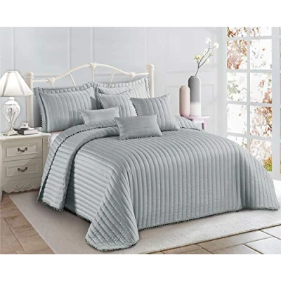 Image of Householdfurnishing 3 Piece Quilted Bedspread Bed Embossed Bedding Set Throw Comforter with Pillow Shams (Silver, Double)