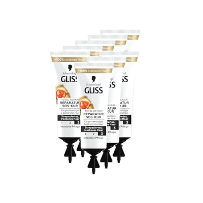 Image of Gliss Kur SOS Intensive Treatment Total Repair (8 x 15 ml), Hair with Keratin for and Care, Works After 1 Minute Exposure Time