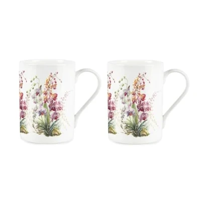 Image of Orchids Mugs Set Floral Plants Birthday/Anniversary Bone China Cups of 2 Tea/Coffee Present Gift Mug