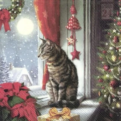 Image of 20 napkins cat on the window as table decoration for winter and Christmas, 33 x cm