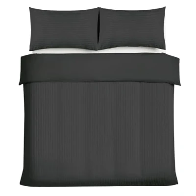 Image of Good Nite Double Duvet Cover Sets Satin Stripe Brushed Microfiber Bedding Set 3 PCS with Pillowcases Ultra Soft Corner Straps (Black, Double)