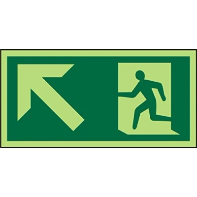 Image of Seco Fire Exit Arrow Pointing Up &amp; Left Man Running Pictogram Sign, 200mm x 100mm Photoluminescent Self Adhesive Vinyl
