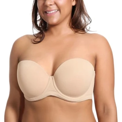Image of Delimira Women&#039;s Strapless Bra Push Up for Bigger Bust Multiway Underwire Smooth Bandeau Beige 38C