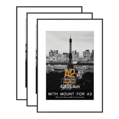 Image of Hesmor A2 Aluminum Acrylic Picture Frames in Black Photo 16.5 x 23 inch Size Pictures with Clear Plexiglass for Wall Mounting, Set of 3 Poster Mat A3