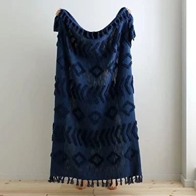 Image of Pineapple Elephant Kabeli Tufted Tassel Cotton 130x170cm Blanket Throw Navy Blue