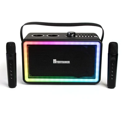 Image of Karaoke Machine &amp; Portable Speaker with Wireless Microphones Lights. Mr Entertainer Neon