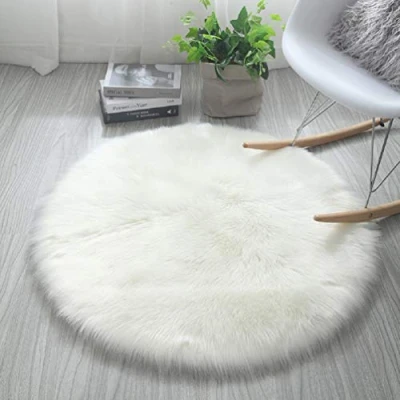 Image of HARESLE Faux Fur Rug Round Shape Shaggy Rugs Floor Carpet for Bedroom Living Room Kids Room, White/Diam 20 inch