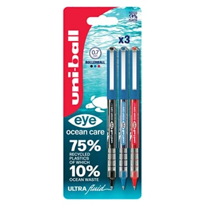 Image of Uni ball Eye Ocean Care UB 157ROP Rollerball Pens. Fine 0.7mm Ballpoint Tip for Smooth Writing, Drawing, Art &amp; Colouring. Fade and Water Resistant Liquid Super Ink. 3 Pack Black, Blue, Red