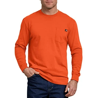 Image of Dickies Men&#039;s Long Sleeve Heavyweight Crew Neck T Shirt, Bright Orange, Large