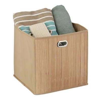 Image of Relaxdays Bamboo Storage Basket, Bathroom &amp; Bedroom Organiser, Cube, Tall Box, HxWxD 31 x cm, Folding, Natural, 60% Fleece 30% Cardboard 10%