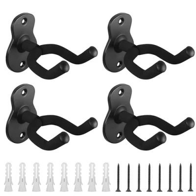 Image of Belle Vous 4 Pack of Black Wall Mounted Guitar Hangers with Screws Hook Holder Stand for Acoustic &amp; Electric Guitars Fits Most Sizes Display Bracket Ukulele, Bass, Mandolin and Banjo