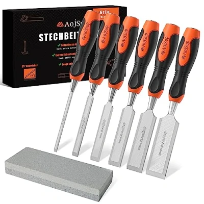 Image of AojSup Wood Chisel Set, 6 Piece Woodworking Carving Chisels (6mm, 12mm,19mm, 25mm, 32mm, 38mm), Sharp Bevel Edge with Sharpening Stone, Perfect for Woodworking, and Sculpting
