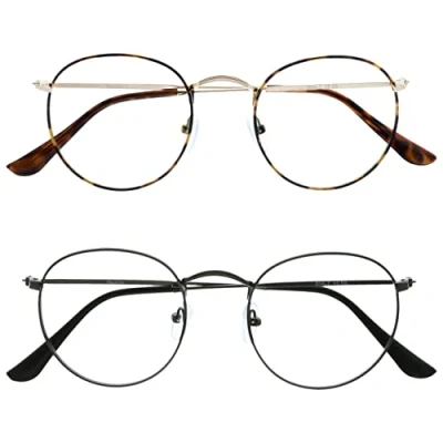 Image of OPULIZE Sol Blue Light Blocking Glasses 2 Pack Round Metal Retro Improve Sleep Reduce Headache Computer Gaming Anti Reflective Brown Matt Gunmetal Mens Womens B94 27