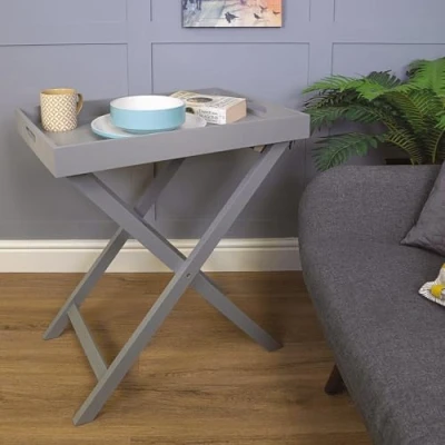 Image of Folding Butlers Tray &amp; Stand Stylish Wooden Side Table with Detachable Top for Serving Food or Drinks Ideal Home, Garden, Kitchen, Lounge, Bedroom, Caravan, Camping H77 x W60 D40cm, Grey